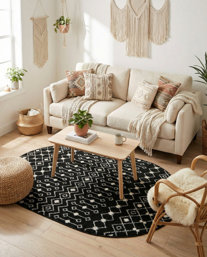 Mediterranean Lattice Collection Area Rug - Santorini (Black and White) Oval Black and White  lifestyle 40