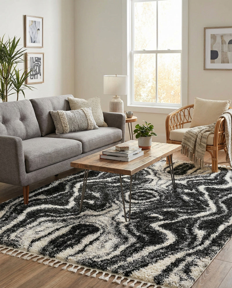 Cozy Cove Shag Collection Area Rug -  Seabreeze Rectangle Black and White  lifestyle 36