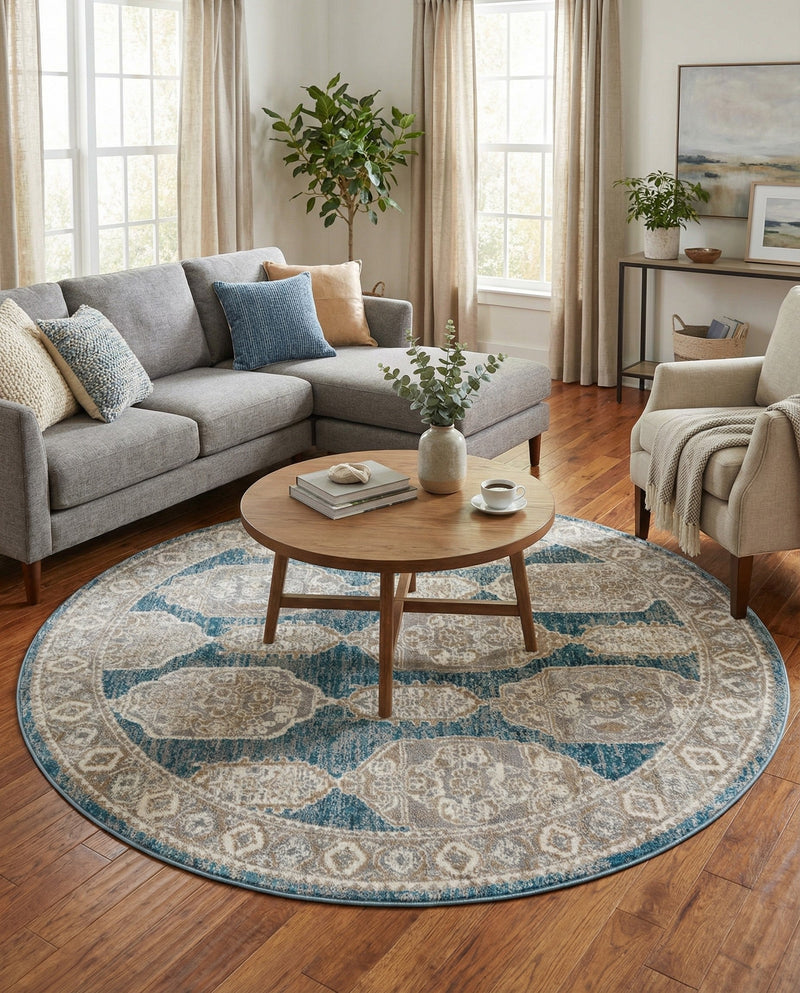 Seville Stripes Collection Area Rug -  Granada (Blue) Round Blue  lifestyle 26