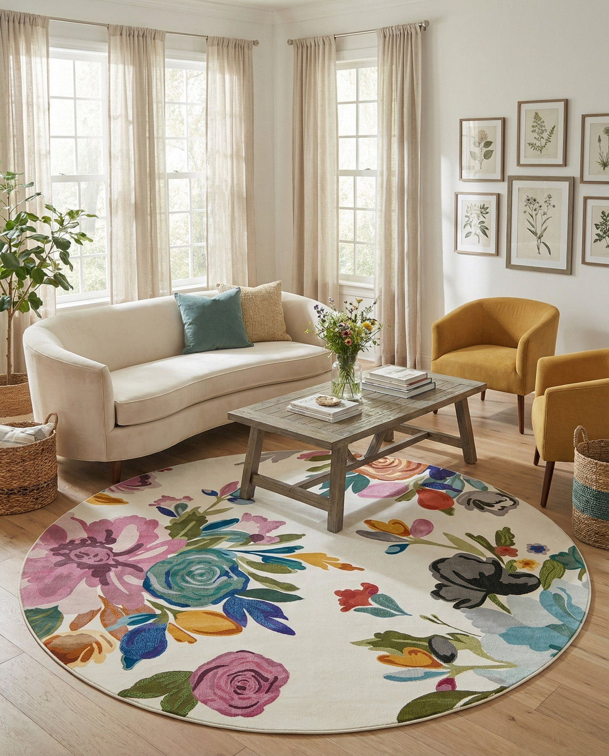 Meadow Breeze Collection Area Rug - Wildflower Round Ivory  lifestyle 145