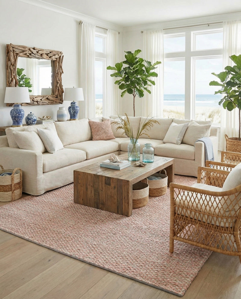 Coastal Haven Striped Jute Collection Area Rug - Marina Rectangle Pink and Gray  lifestyle 5
