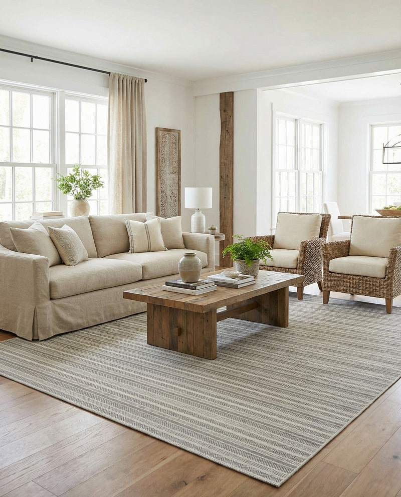 Seaside Stripes Collection Area Rug -  Boardwalk (Beige) Rectangle Beige  lifestyle 9