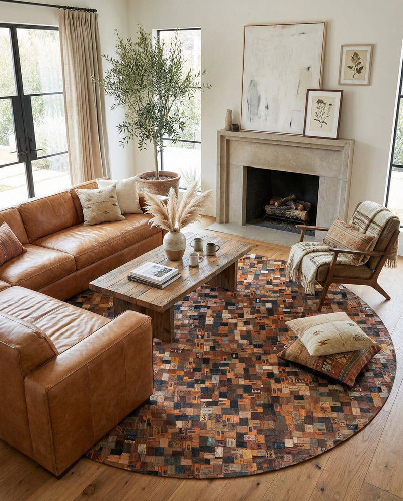 Havana Hide Patchwork Collection Area Rug - Cienfuegos Round Black and Brown  lifestyle 4