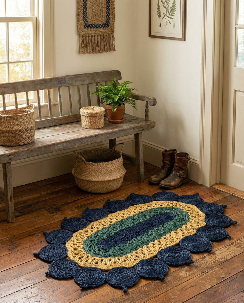 Woven Seaside Jute Collection Area Rug - Coastalhaven (Navy Blue Yellow Green) Oval Navy Blue Yellow Green  lifestyle 12