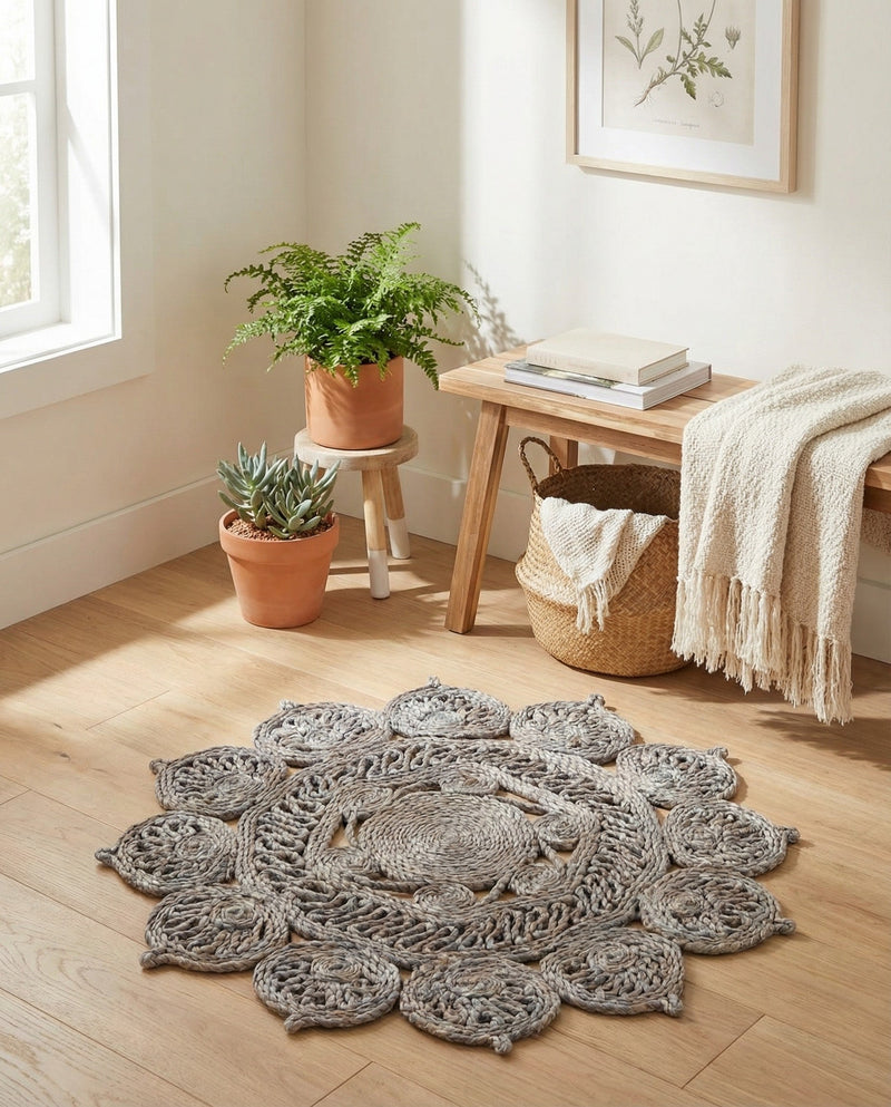 Woven Seaside Jute Collection Area Rug - Coastalhaven (Gray) Round Gray  lifestyle 11