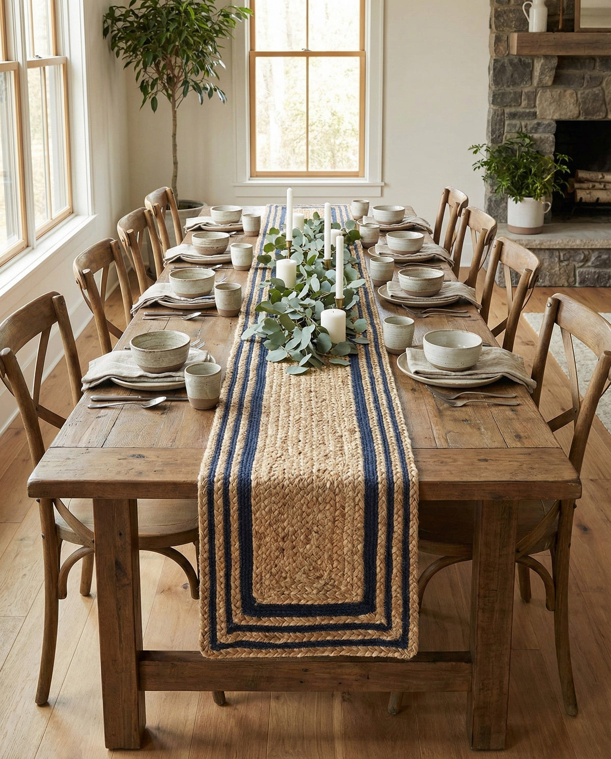 Woven Seaside Jute Collection Area Rug - Nantucket Table Runner Natural and Navy Blue  lifestyle 58