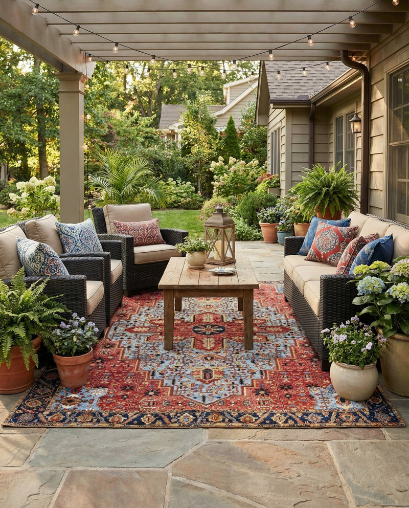 Patio Heritage Collection Area Rug -  Garden Rectangle Rust Red and Blue  lifestyle 41