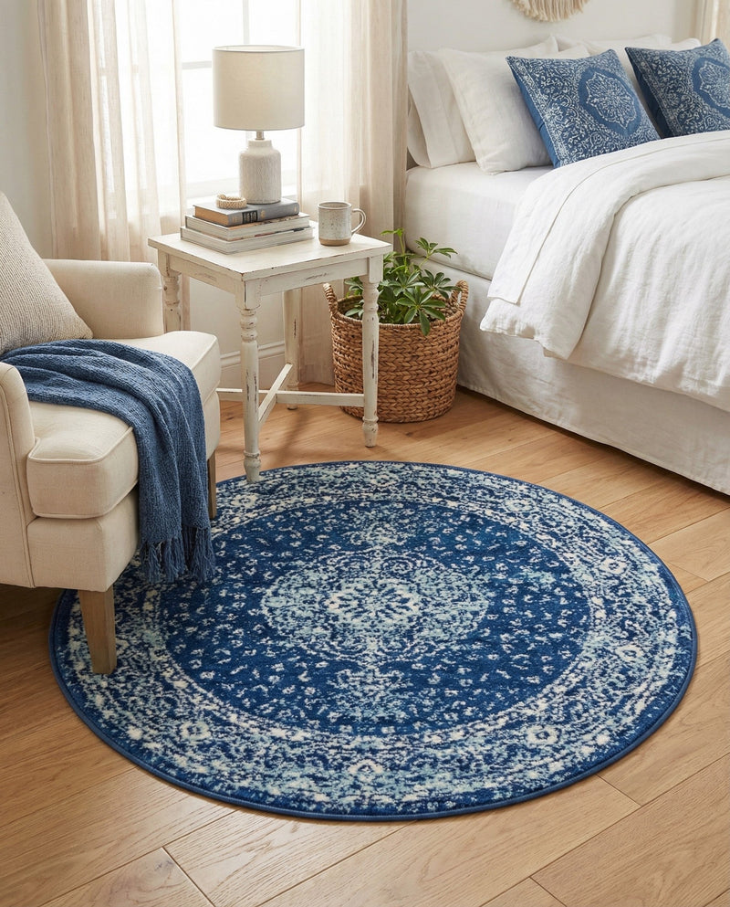 Dover Terrace Collection Area Rug - Marina (Navy Blue) Round Navy Blue  lifestyle 37