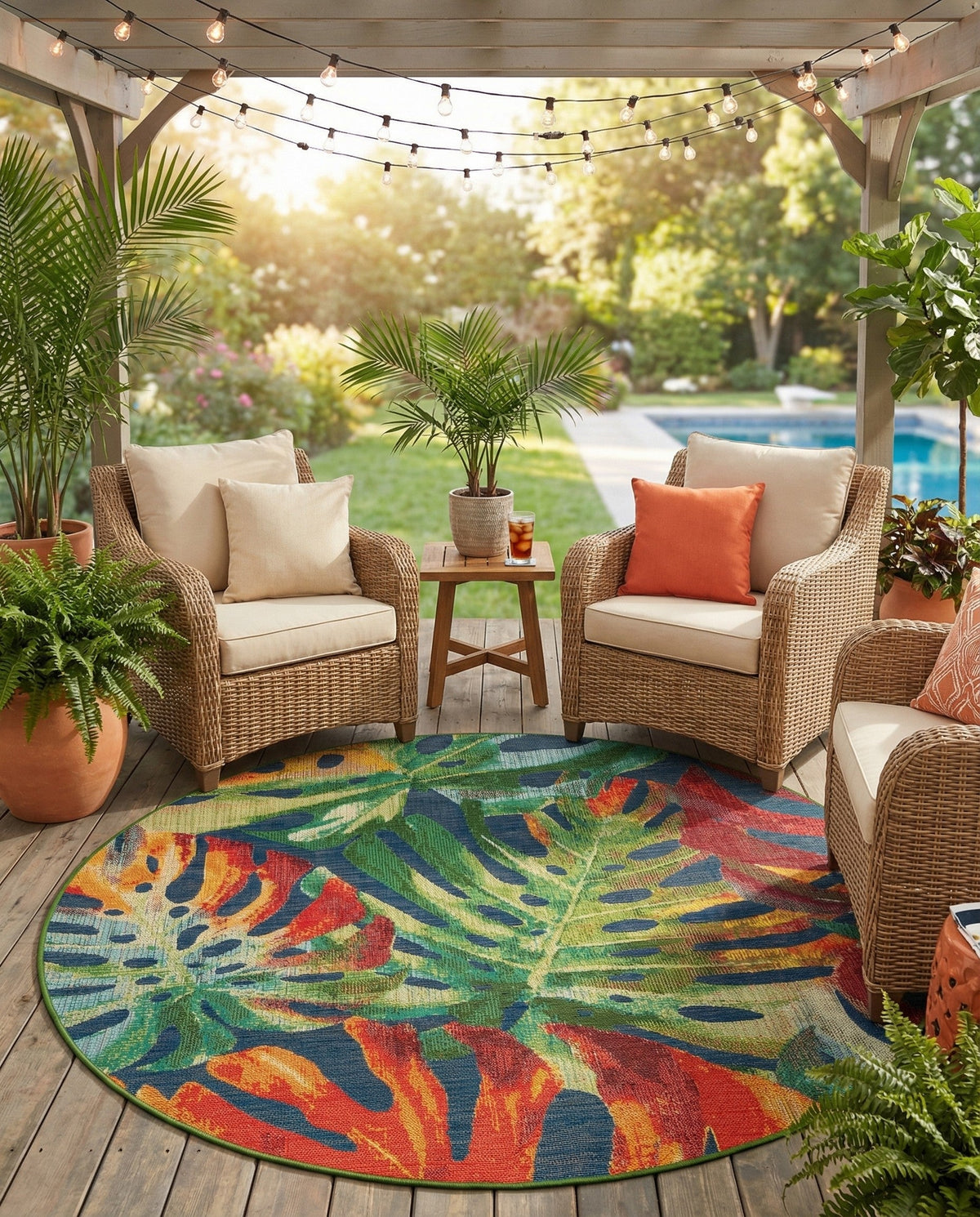 Coastal Terrace Collection Area Rug -  Pier Round Multi  lifestyle 88