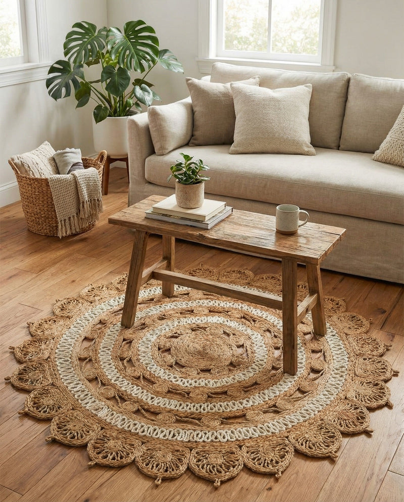 Woven Seaside Jute Collection Area Rug - Coastalhaven (Natural and White) Round Natural and White  lifestyle 12