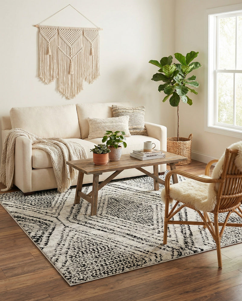 Marrakech Mosaic Collection Area Rug -  Medina Square Black and White  lifestyle 32