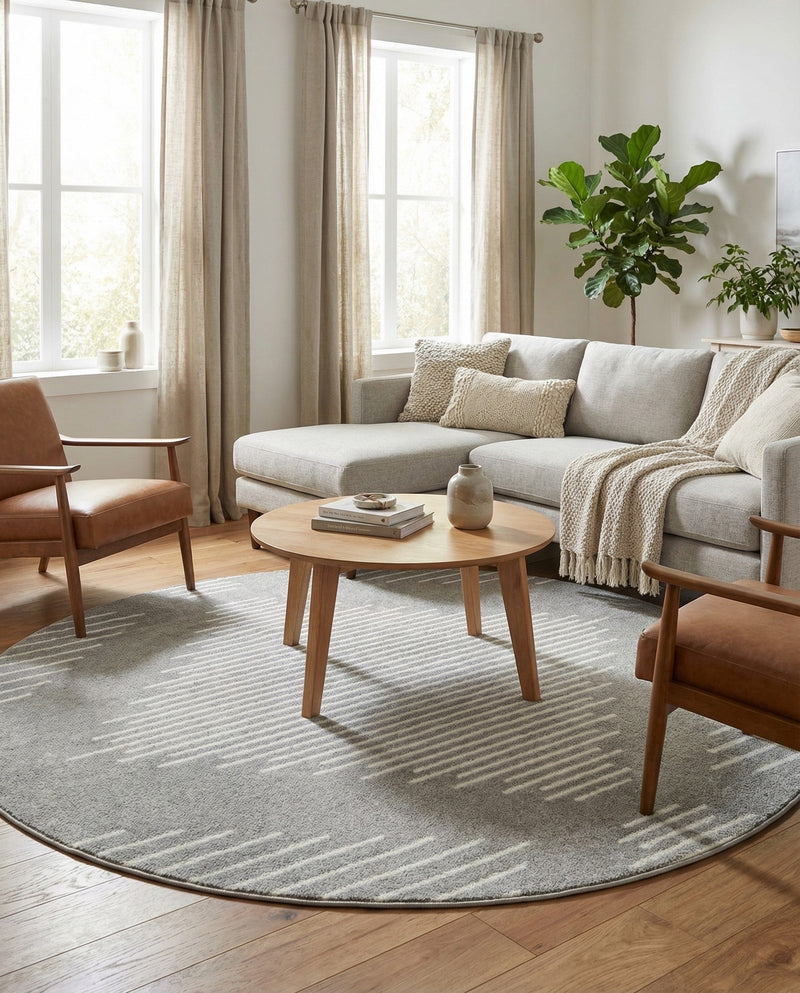 Seychelles Stripes Collection Area Rug - Mahe (Gray and Ivory) Round Gray and Ivory  lifestyle 48