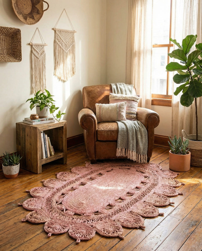 Woven Seaside Jute Collection Area Rug - Coastalhaven (Pink) Oval Pink  lifestyle 11