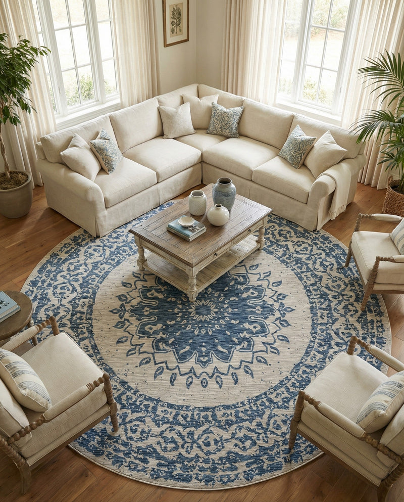 Patio Heritage Collection Area Rug -  Lafayette (Blue) Round Blue  lifestyle 65