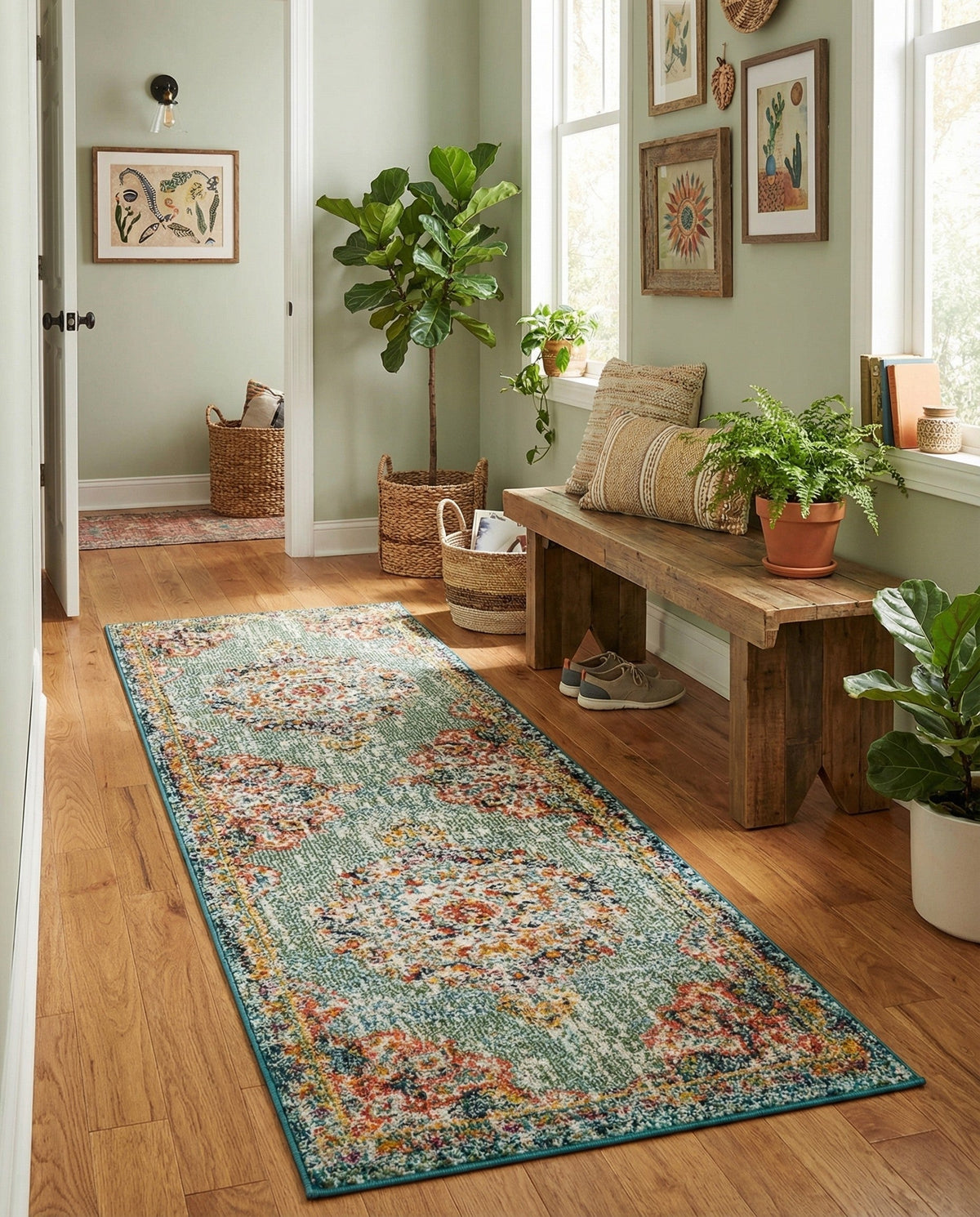 Brighton Terrace Collection Area Rug - Hove (Green) Runner Green  lifestyle 111