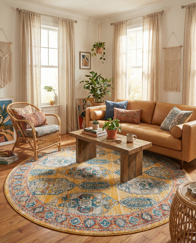 Seville Stripes Collection Area Rug -  Granada (Yellow) Round Yellow  lifestyle 52