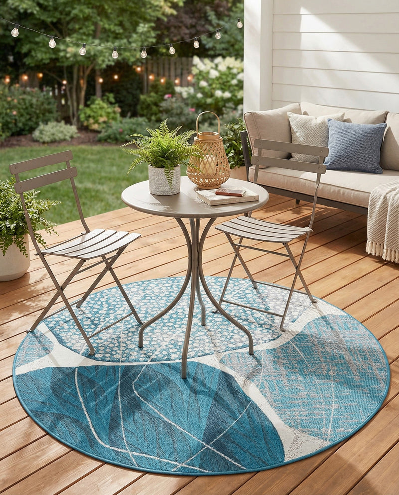 Urban Terrace Collection Area Rug -  Courtyard Round Blue and Ivory  lifestyle 48