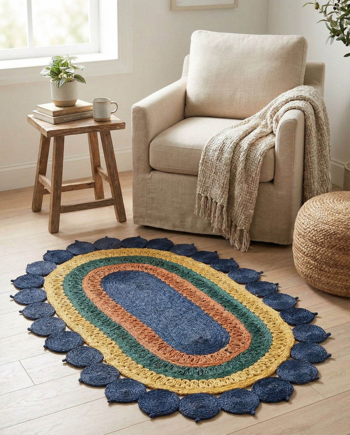 Woven Seaside Jute Collection Area Rug - Coastalhaven (Navy Blue Yellow Green) Oval Navy Blue Yellow Green  lifestyle 31