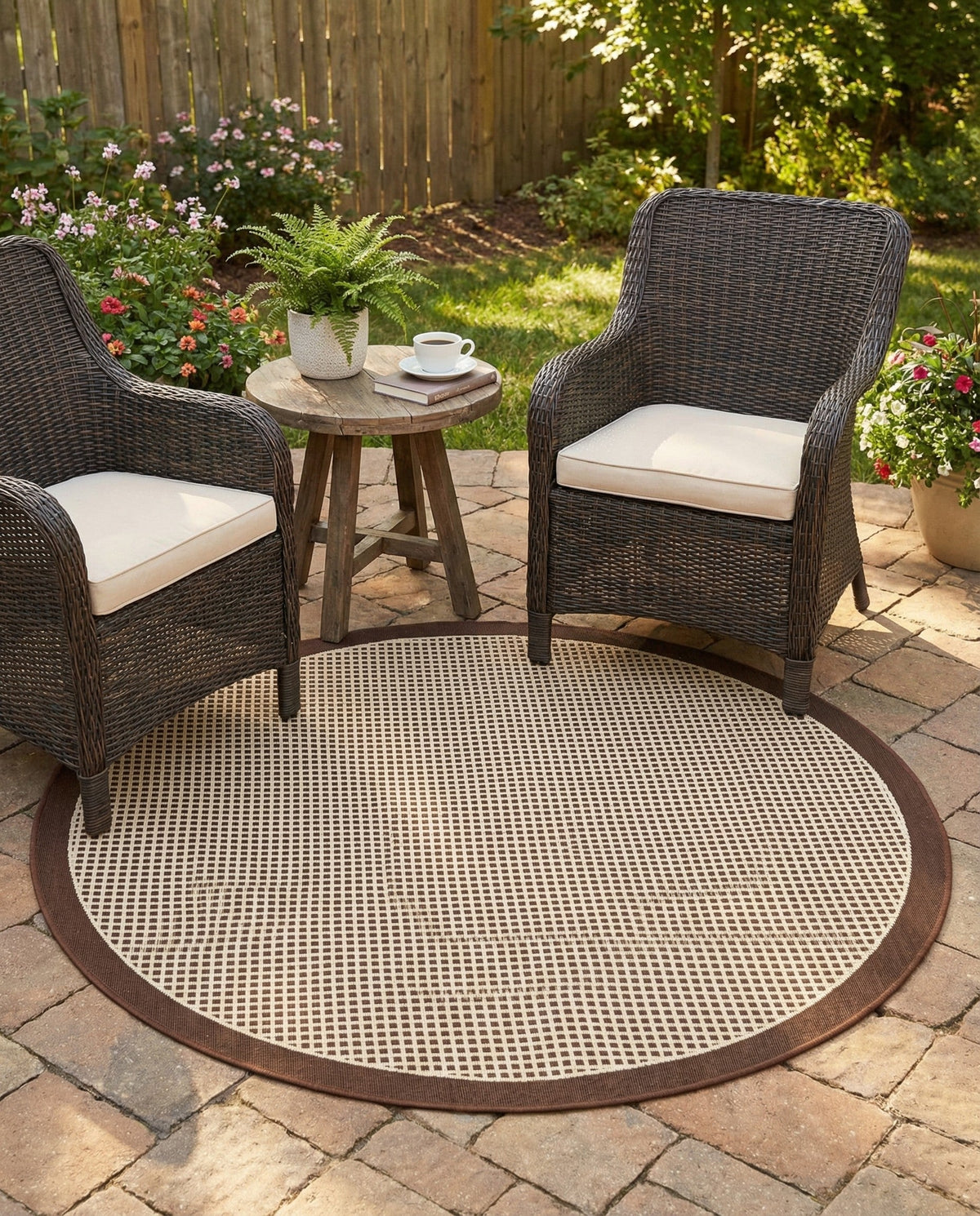 Terrace Fringe Collection Area Rug - Oceanside Round Brown  lifestyle 211
