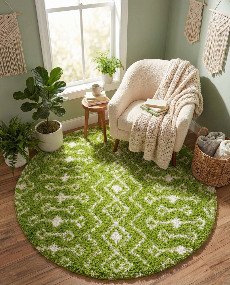 Berber Lattice Shag Collection Area Rug - Atlas (Green) Round Green  lifestyle 66