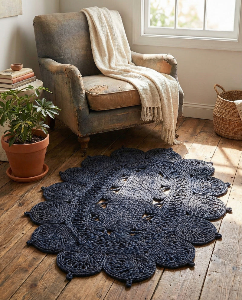 Woven Seaside Jute Collection Area Rug - Coastalhaven (Navy Blue) Oval Navy Blue  lifestyle 18