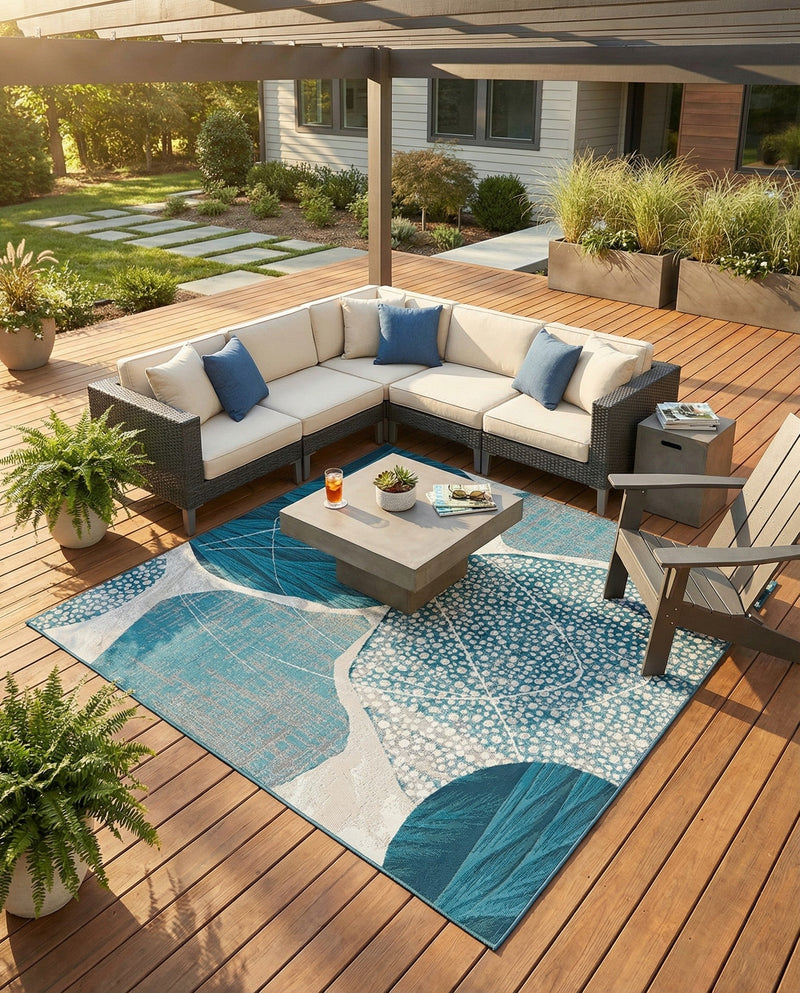 Urban Terrace Collection Area Rug -  Courtyard Square Blue and Ivory  lifestyle 69