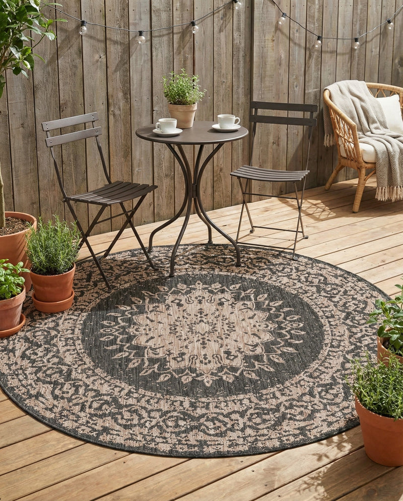 Patio Heritage Collection Area Rug -  Lafayette (Black) Round Black  lifestyle 68