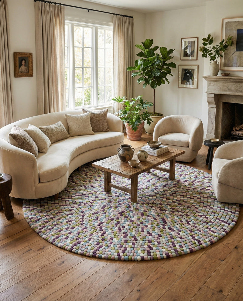 Woolen Sphere Collection Area Rug - Orbsburg (Pink and Purple) Round Pink and Purple  lifestyle 33