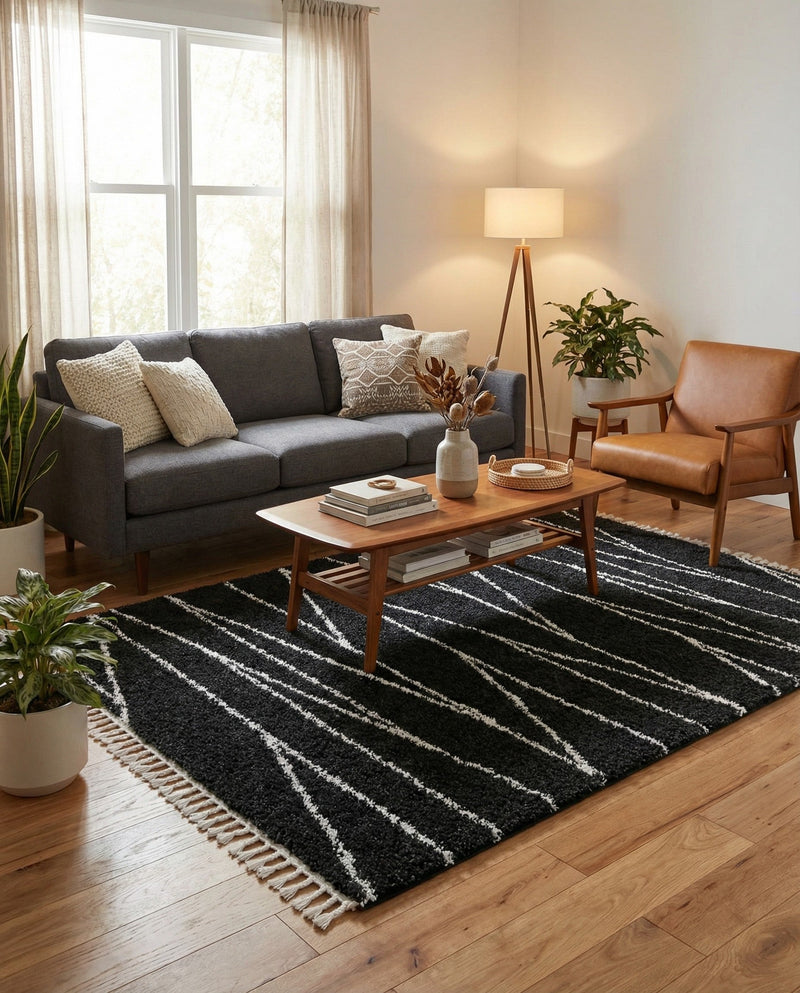 Tranquil Tides Shag Collection Area Rug -  Frost Rectangle Black and White  lifestyle 14