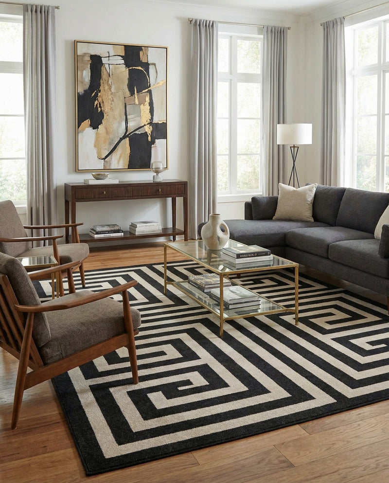 Aegean Labyrinth Collection Area Rug -  Mykonos Rectangle Black  lifestyle 27