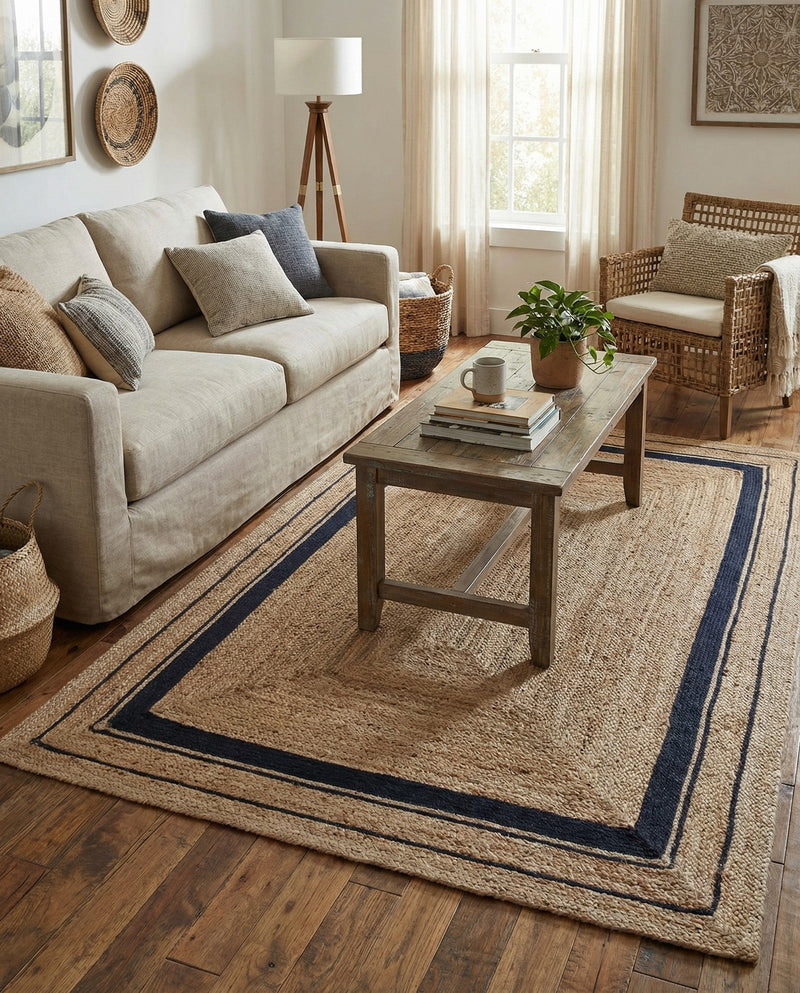 Woven Seaside Jute Collection Area Rug - Nantucket Rectangle Natural and Navy Blue  lifestyle 4