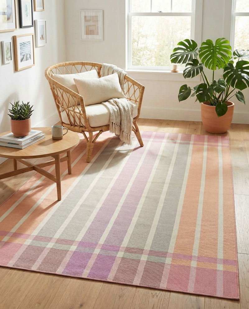 Seaside Stripes Collection Area Rug -  Coral Rectangle Pink and Lavender  lifestyle 55