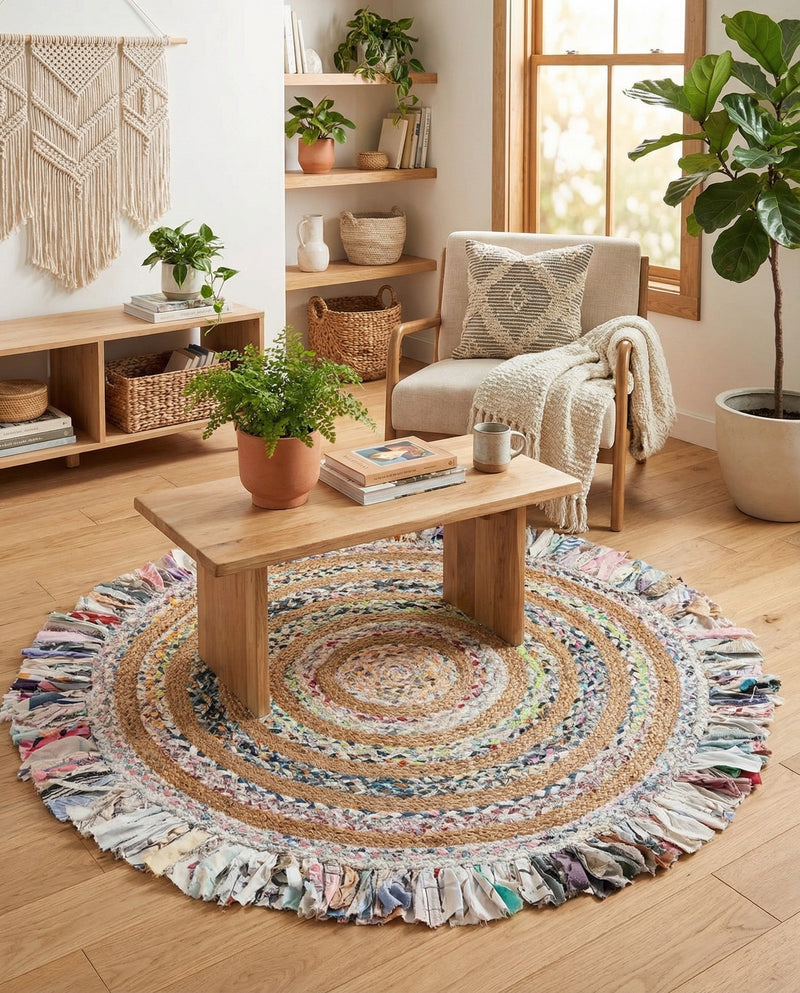 Osian Looms Collection Area Rug - Kathmandu Round Multi White  lifestyle 35