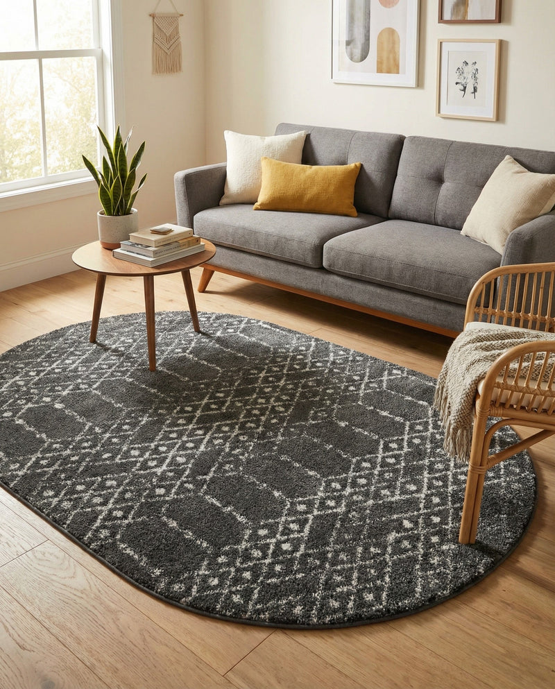 Marrakesh Lattice Collection Area Rug - Casablanca (Charcoal Gray) Oval Charcoal Gray  lifestyle 38