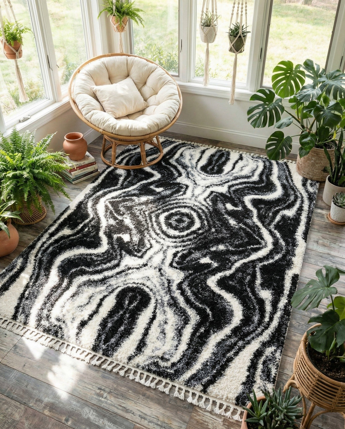 Cozy Cove Shag Collection Area Rug -  Seabreeze Rectangle Black and White  lifestyle 33