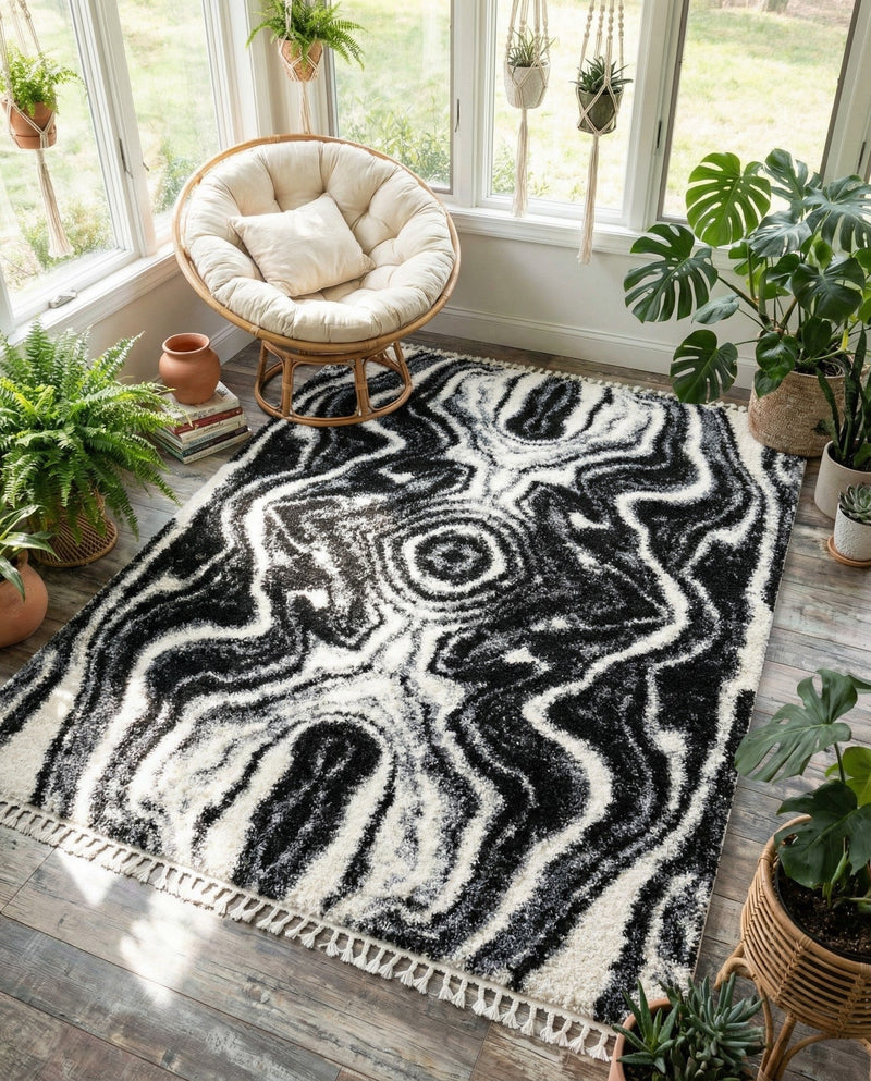 Cozy Cove Shag Collection Area Rug -  Seabreeze Rectangle Black and White  lifestyle 33