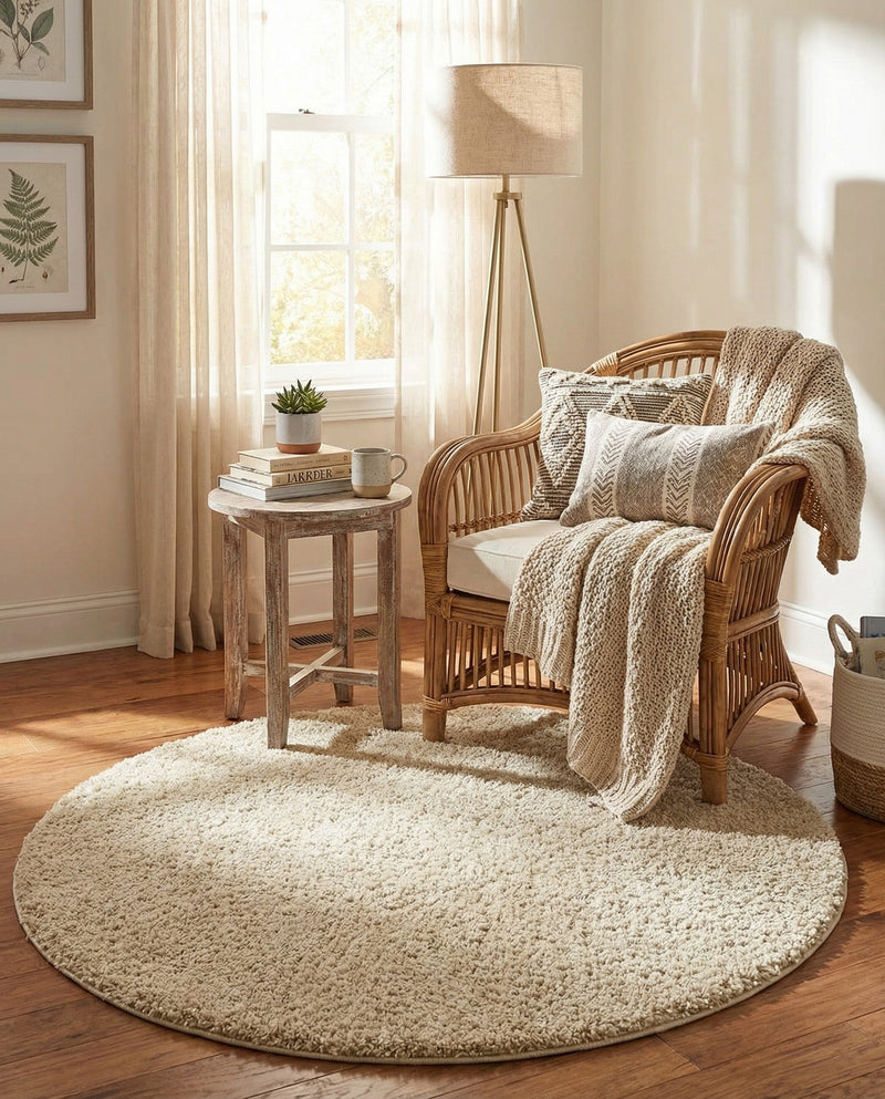 Cozy Comfort Shag Collection Area Rug - Haven (Oatmeal Beige) Round Oatmeal Beige  lifestyle 49