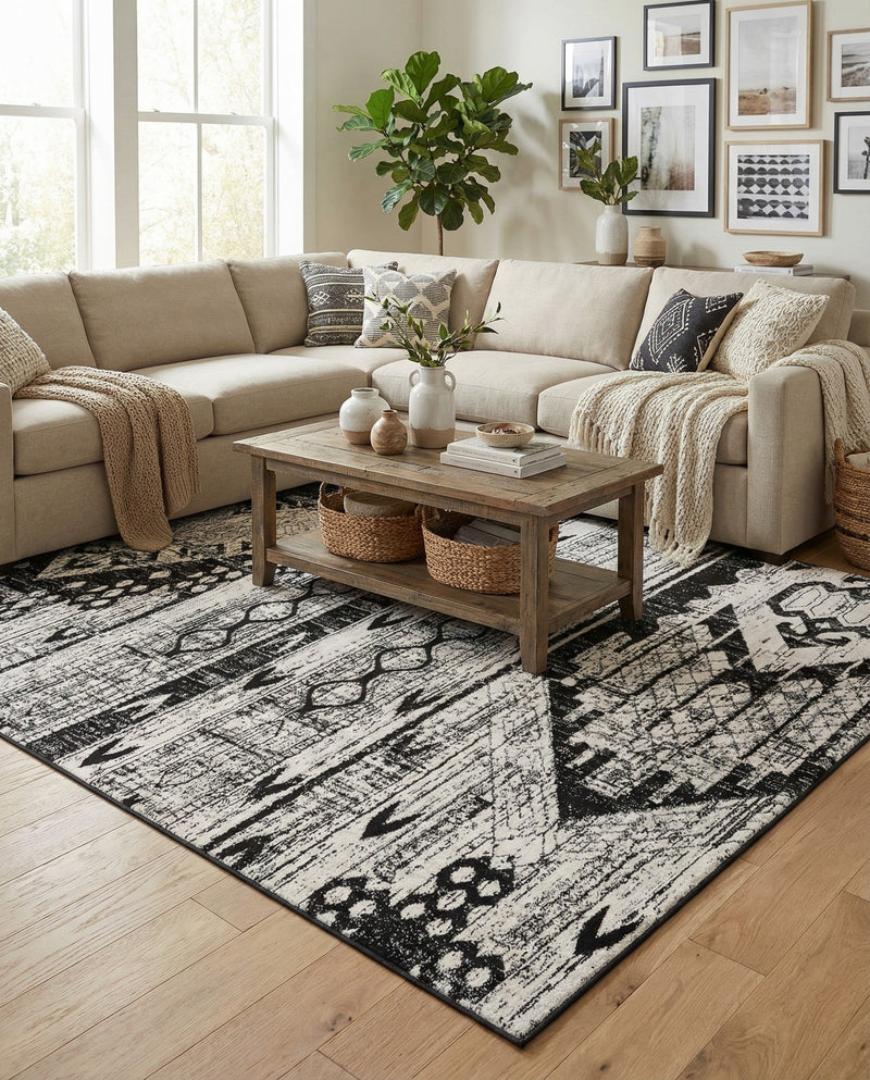 Cascade Range Collection Area Rug - Hood (Black and White) Square Black and White  lifestyle 58