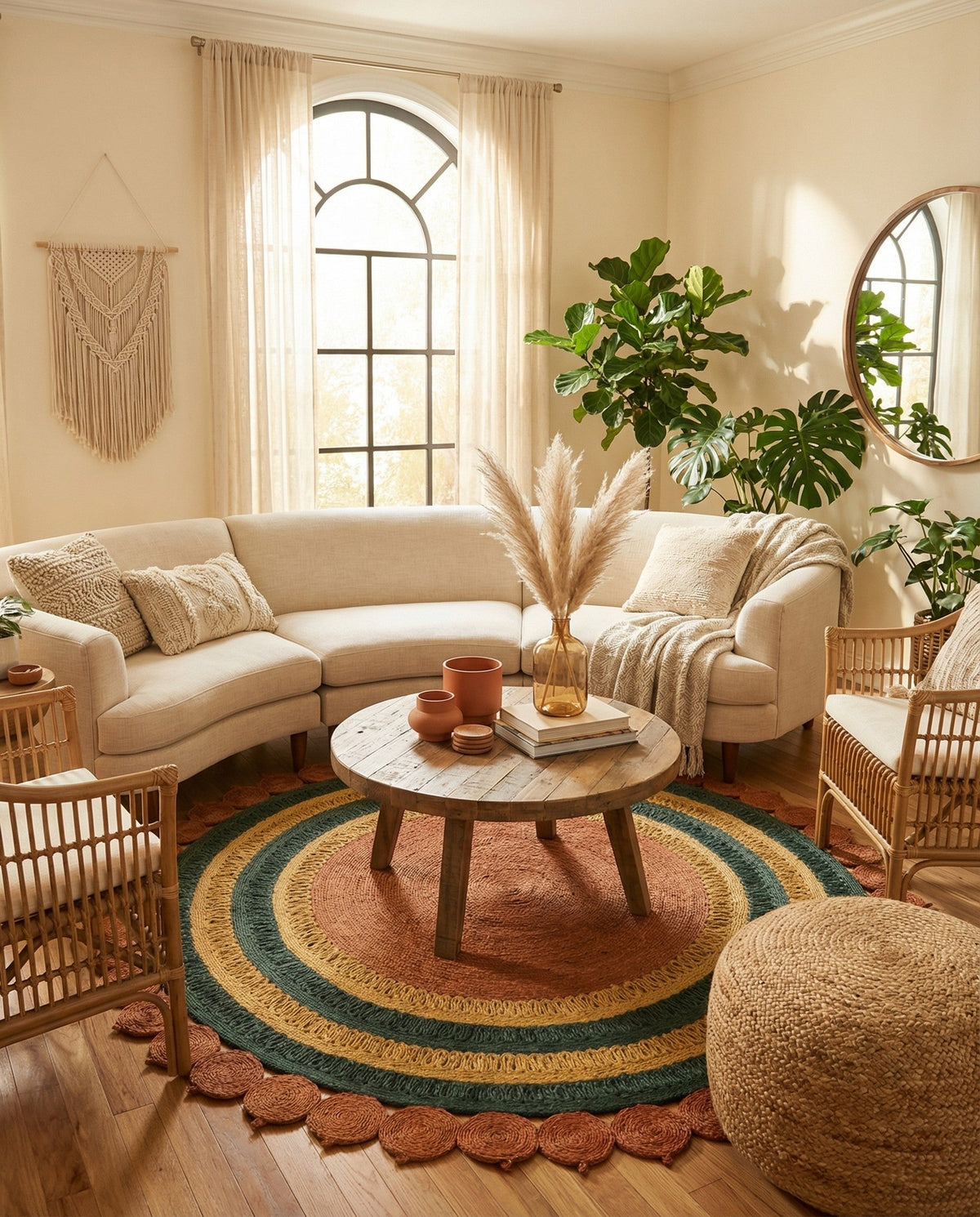 Woven Seaside Jute Collection Area Rug - Coastalhaven (Orange Green Yellow) Round Orange Green Yellow  lifestyle 12