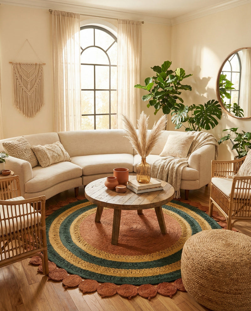 Woven Seaside Jute Collection Area Rug - Coastalhaven (Orange Green Yellow) Round Orange Green Yellow  lifestyle 12