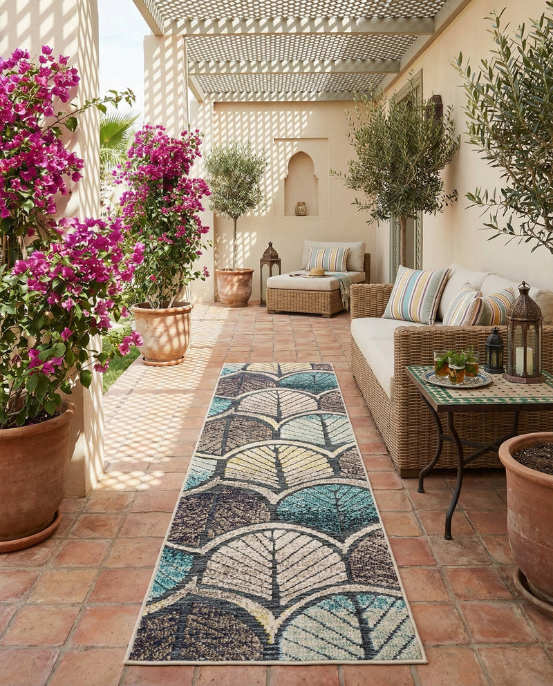 Outdoor Marrakesh Collection Area Rug -  Rabat Runner Gray Blue Ivory  lifestyle 54