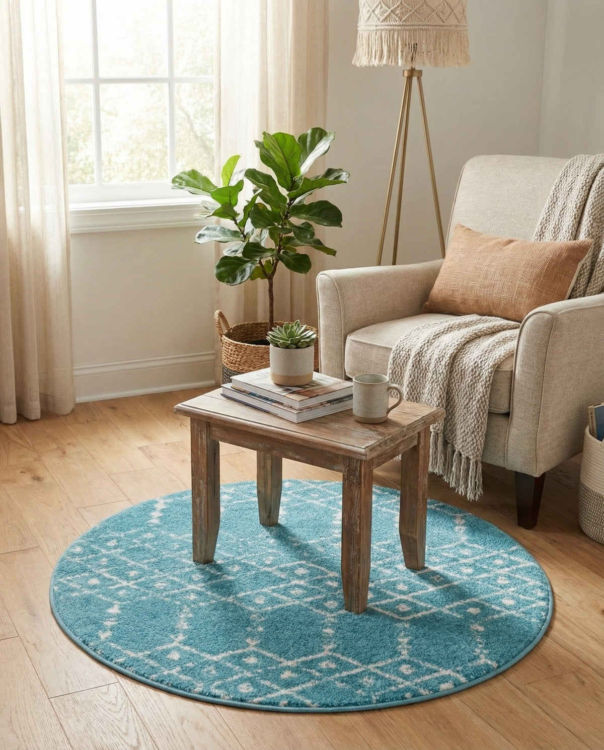 Marrakesh Lattice Collection Area Rug - Casablanca (Teal blue) Round Teal blue  lifestyle 75