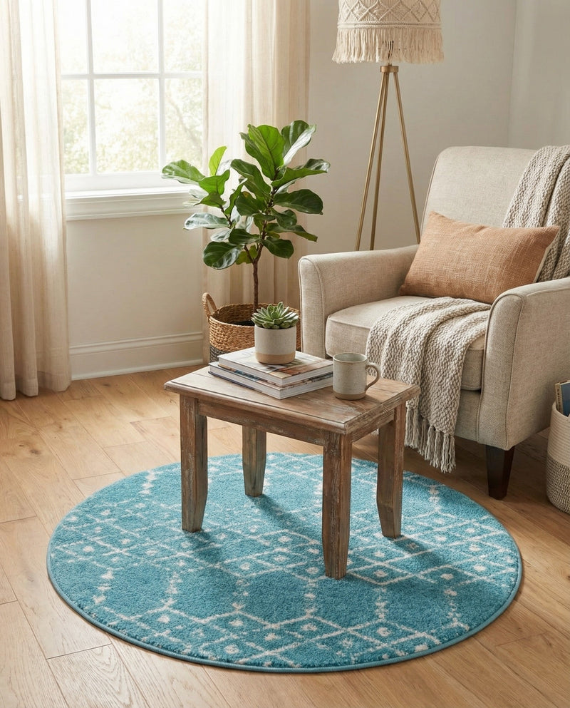 Marrakesh Lattice Collection Area Rug - Casablanca (Teal blue) Round Teal blue  lifestyle 75