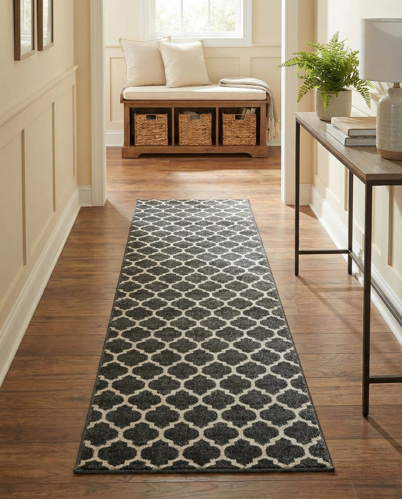 Lattice Gardens Collection Area Rug -  Bloomfield (Black) Runner Black  lifestyle 54