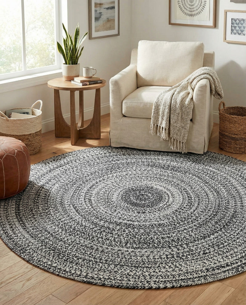 Sustainable Strands Indoor-Outdoor Oasis Collection Area Rug -  Sandbar (Black and White) Round Black and White  lifestyle 43