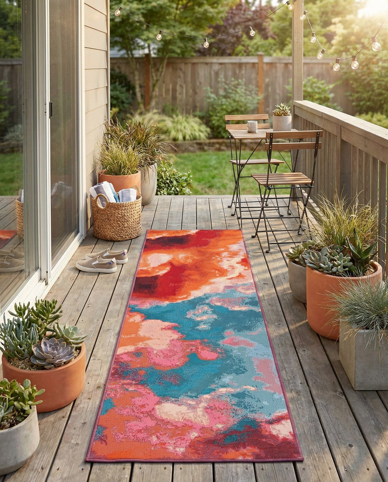 Urban Terrace Collection Area Rug -  Patio Runner Gray and Pink  lifestyle 76