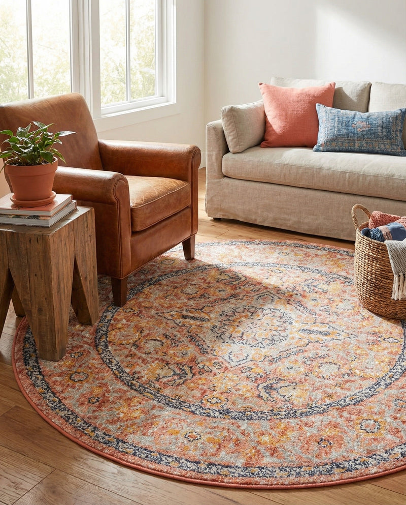 Seville Stripes Collection Area Rug - Cadiz (Brick Red) Round Brick Red  lifestyle 21