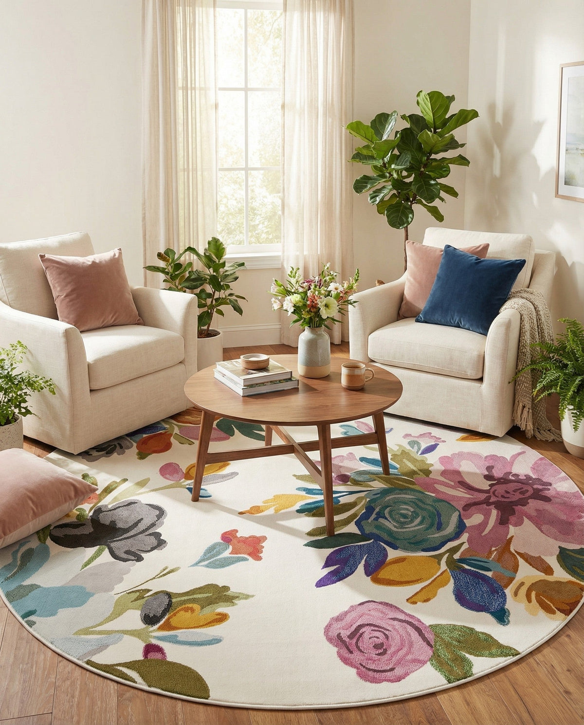 Meadow Breeze Collection Area Rug - Wildflower Round Ivory  lifestyle 148