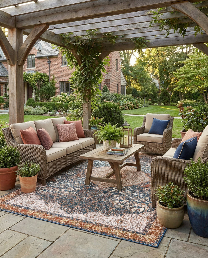 Patio Heritage Collection Area Rug -  Courtyard Rectangle Navy Blue and Light Pink  lifestyle 3