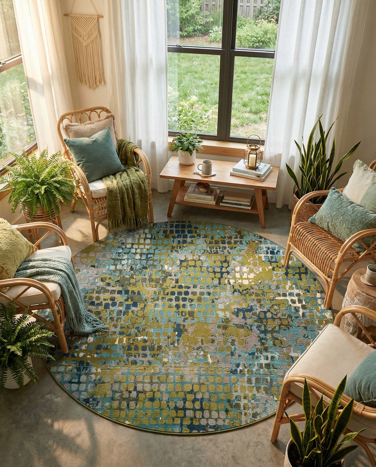 Chromatic Oasis Collection Area Rug -  Tropic Round Blue Green  lifestyle 116